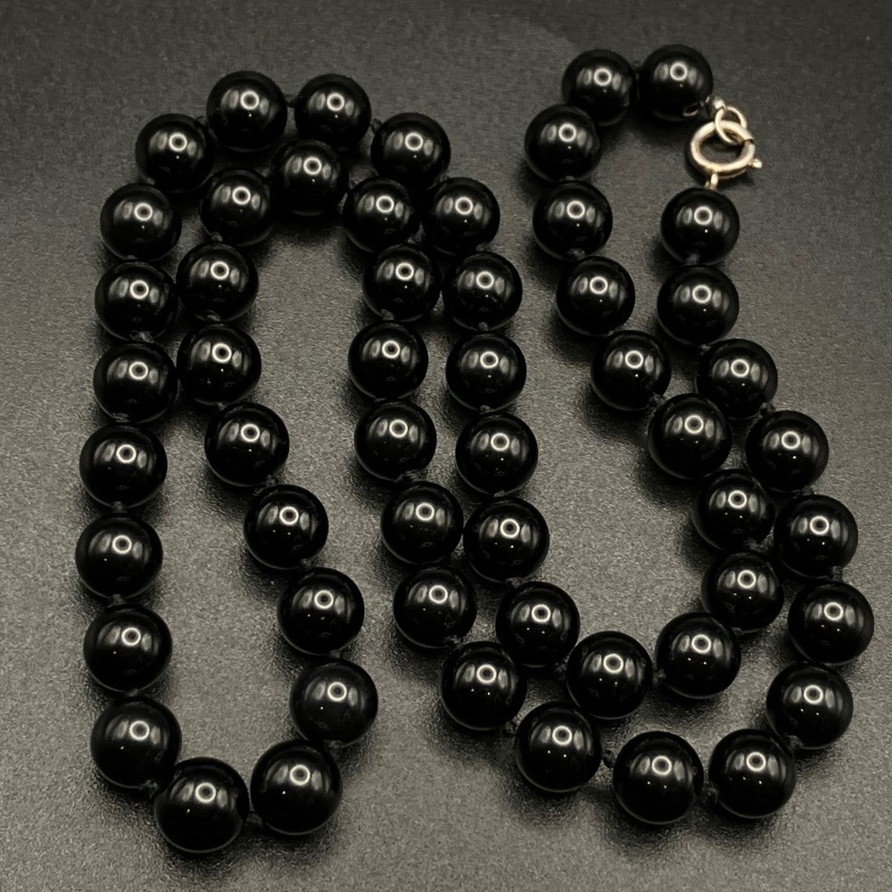 Vintage Black Stone Beaded Necklace Sterling Silver Clasp 8mm Beads 24 in